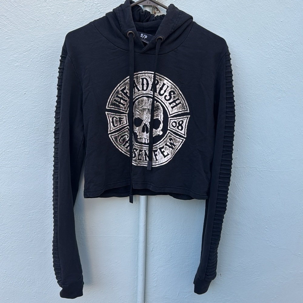 Head Rush Black Cropped Hoodie | Skull Graphic Long Sleeve Ribbed Detail